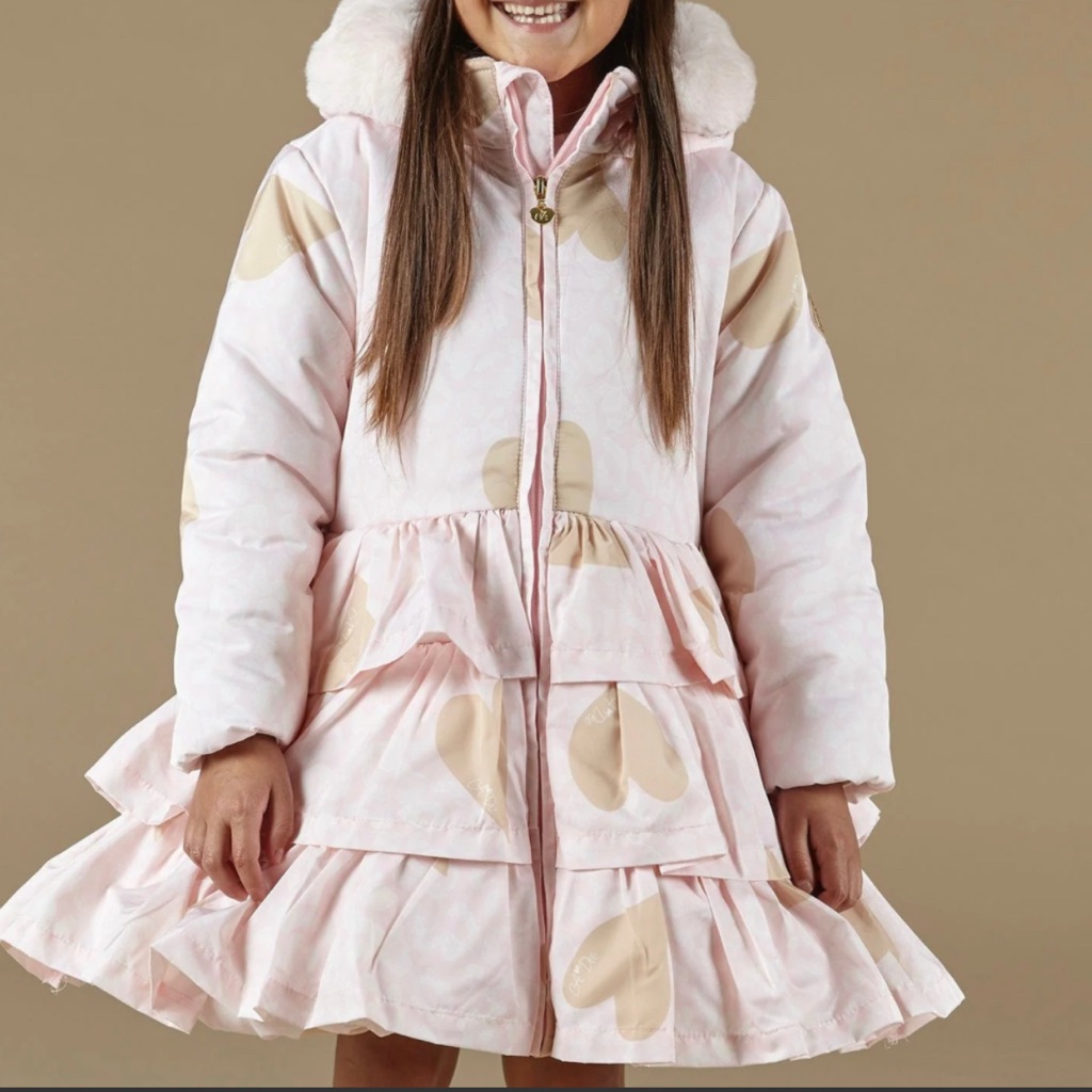 Excellent Pre-Owned Condition A-Dee Pink Heart Ruffled Hooded Coat